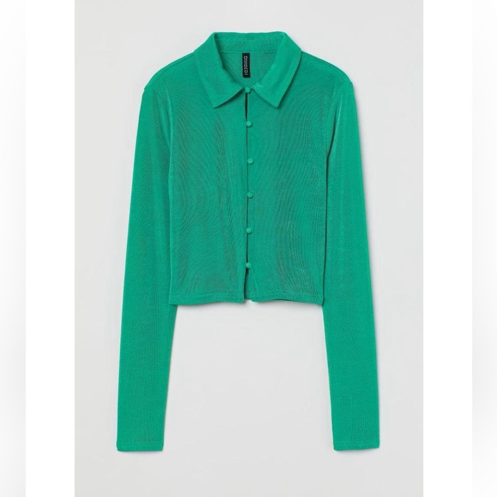 H&M Jersey Green Long Sleeve Crop Button Down